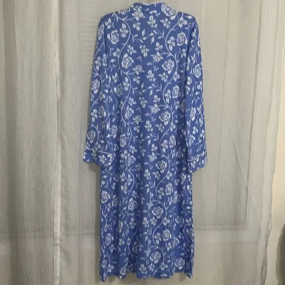 jasmine rose SML Light Blue White Floral Waffle Knit Full Zip Long Sleeve Robe - Picture 5 of 15